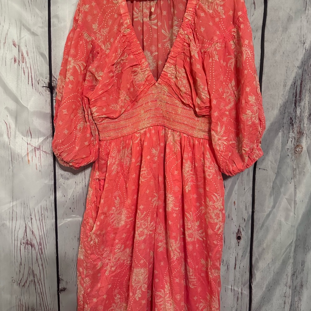 Free People Pleated Orange Pink Maxi Dress with Bishop Sleeves